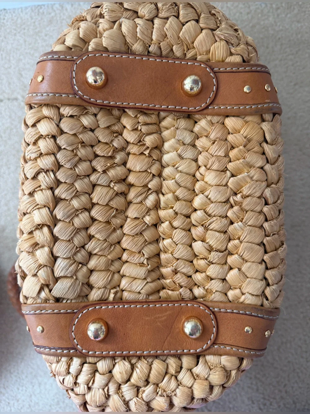 Michael Kors Large Woven Straw Tote Bag Leather Trim Gold Stud Beach Purse